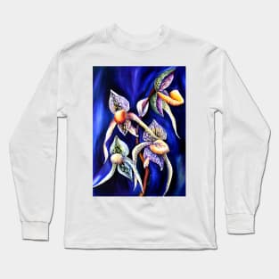 Watercolor Lady Slipper Botanical Illustration Long Sleeve T-Shirt